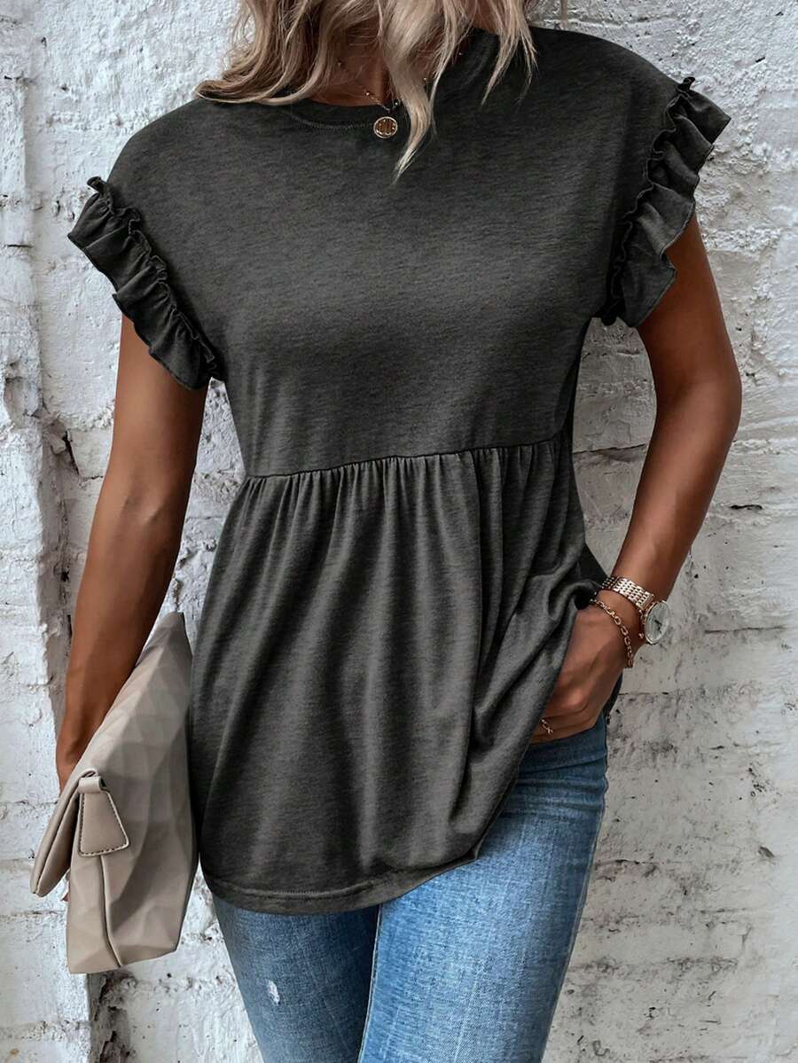 SHEIN LUNE Viền Ruffle tay cánh Xoay eo Áo thun - Màu xám đen - Xem 1
