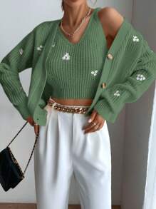 SHEIN Unity Floral Embroidery Drop Shoulder Cardigan & Crop Knit Top - Green - View 1