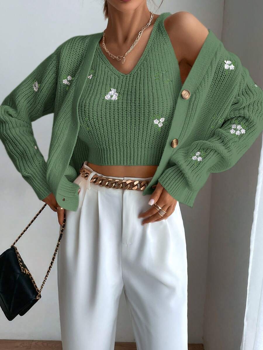 SHEIN Unity Floral Embroidery Drop Shoulder Cardigan & Crop Knit Top - Green - View 1