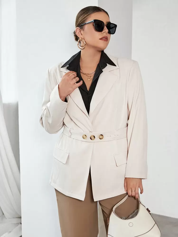 Plus Lapel Neck Belted Blazer