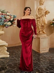 seomiscky Plus Off Shoulder Mermaid Hem Formal Dress - Burgundy - View 1
