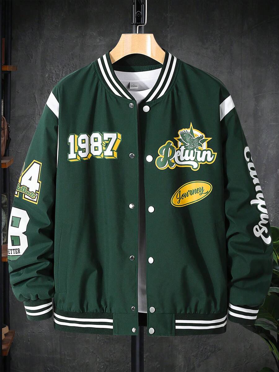 Manfinity EMRG Lỏng lẻo phù hợp Nam Áo khoác Đại học Nổi bật Đồ họa Chữ cái Và Sọc trang trí Thả vai , Áo thun Là Không bao gồm - Màu xanh lá cây đậm - Xem 1