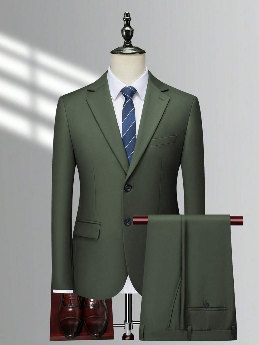 Manfinity Mode 1 pieza Blazer de solapa única y 1 pieza Pantalón de traje, estilo Old Money - Verde militar - Ver 1