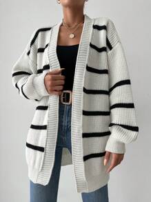 Cloudara Striped Pattern Drop Shoulder Open Front Cardigan - White - View 3
