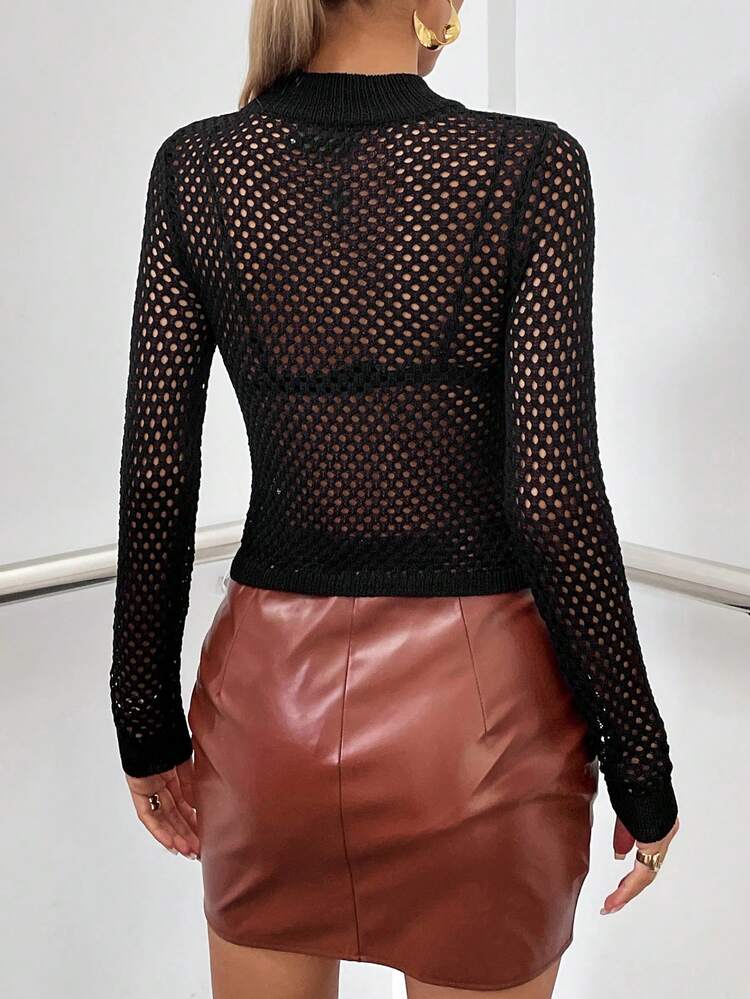 Mock Neck Pointelle Knit Sweater Without Bra Knit Pullover Fall Winter Sweater