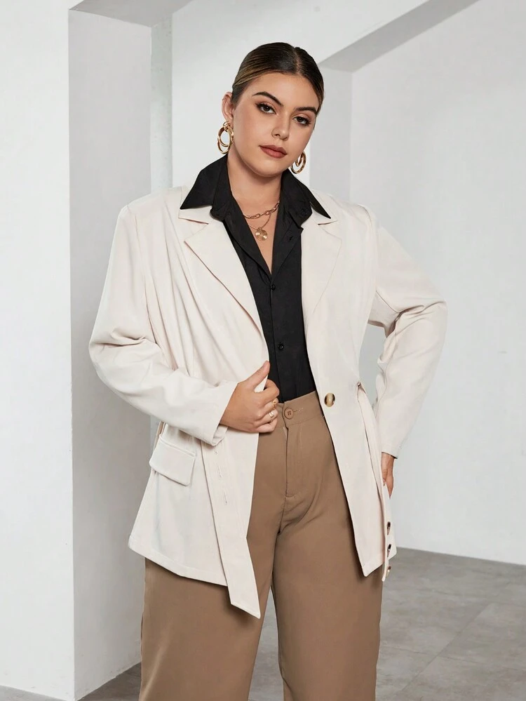 Plus Lapel Neck Belted Blazer
