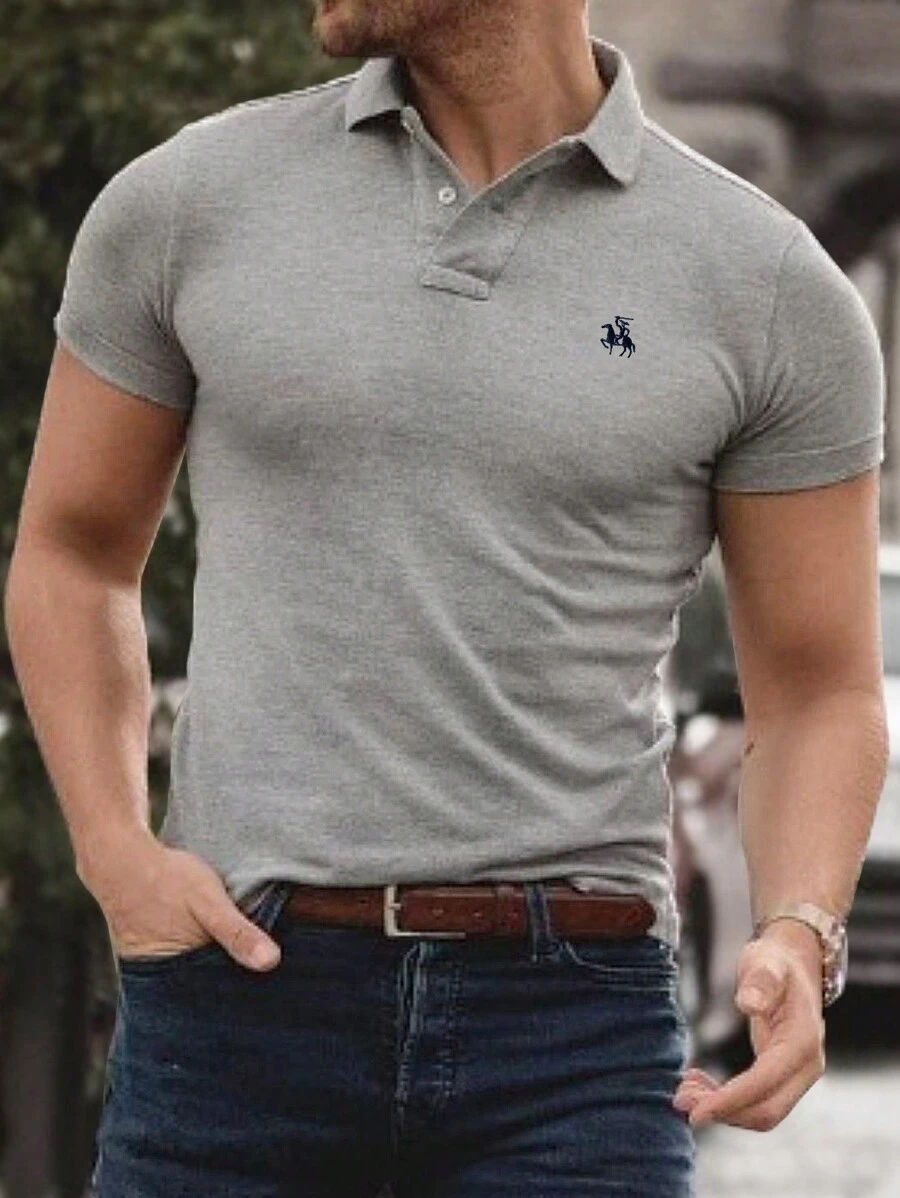 Manfinity Mode Nam Chi tiết thêu Tay Raglan Áo polo - Màu Xám nhạt - Xem 1