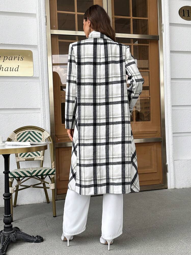 Plaid Print Lapel Neck Overcoat