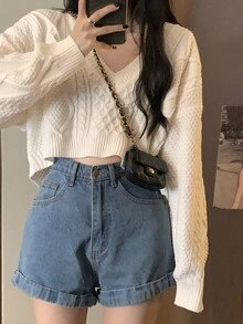 Solid Drop Shoulder Crop Cable Knit Sweater - Apricot - View 3