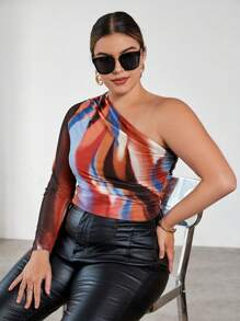 SHEIN Essnce 大碼紮染單肩側收褶短款T恤 - 彩色 - 查看 4