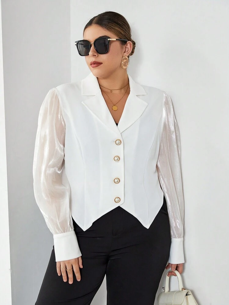 Plus Lapel Neck Asymmetrical Hem Button Front Jacket