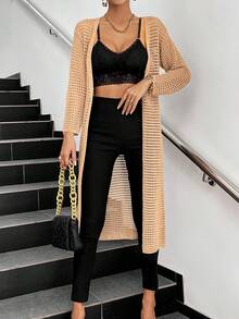 SHEIN Essnce 镂空落肩开衫 - 駝色 - 查看 3