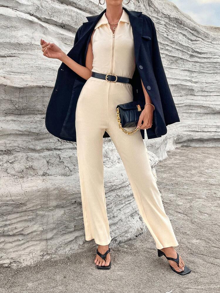 Solid Zipper Front Sleeveless Jumpsuit