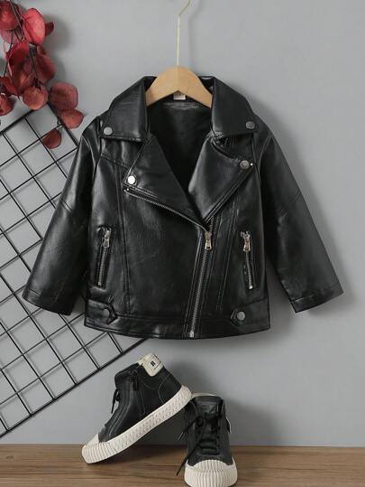 Young Boy Turn-Down Collar PU Leather Jacket, Young Boy Cool Motorcycle PU Leather Coat For Spring, Autumn & Winter