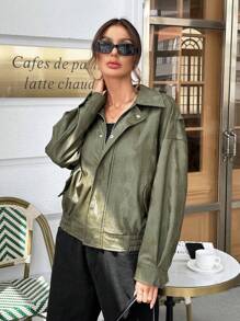 SHEIN Essnce 落肩袖拉鏈開襟夾克 - 軍綠色 - 查看 6