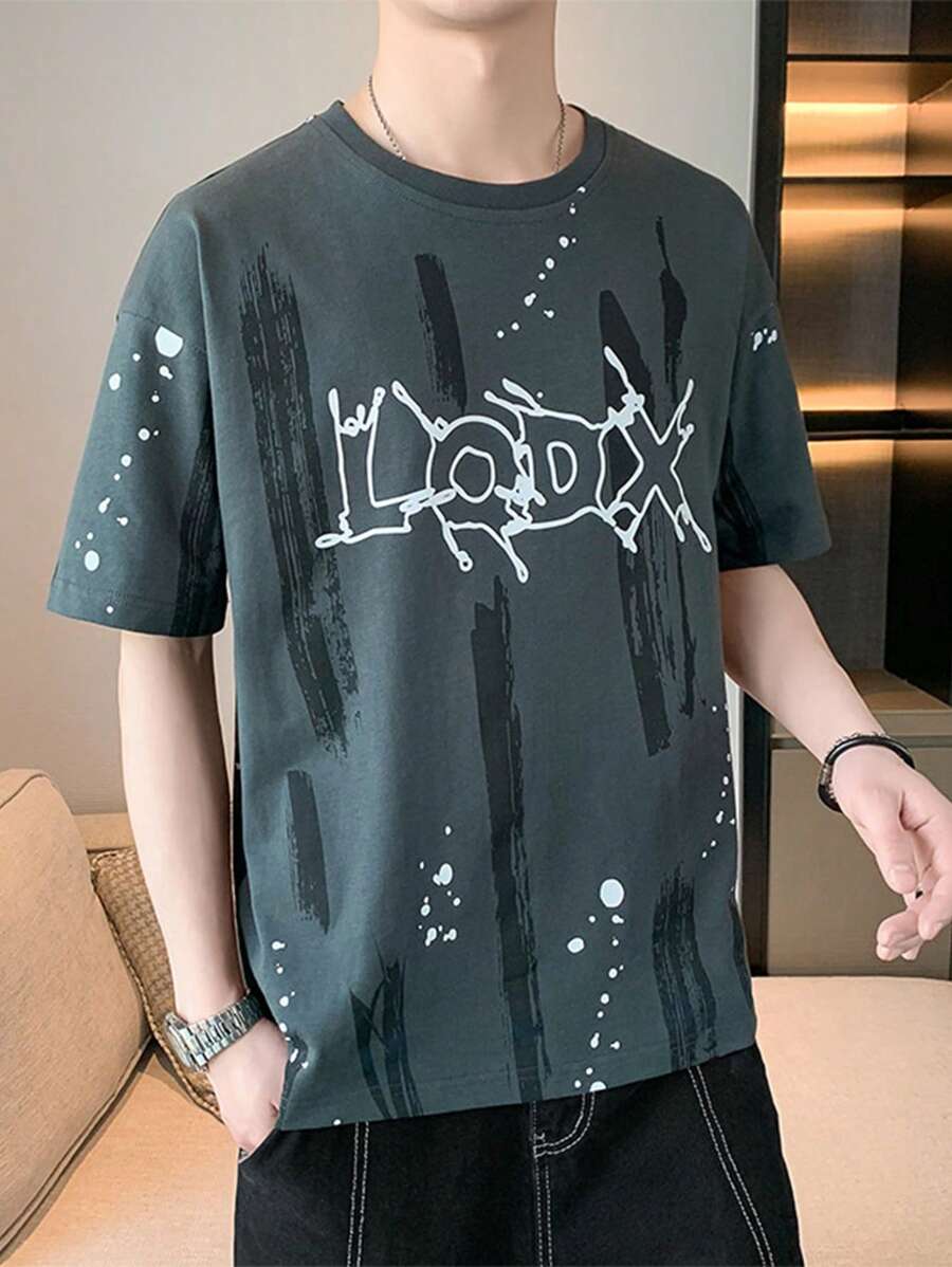 Men Letter Graphic Drop Shoulder Tee - Dark Grey - View 1