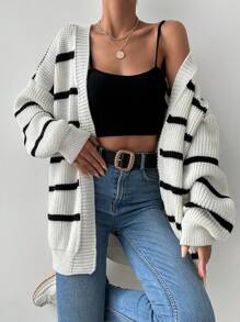 Cloudara Striped Pattern Drop Shoulder Open Front Cardigan - White - View 4