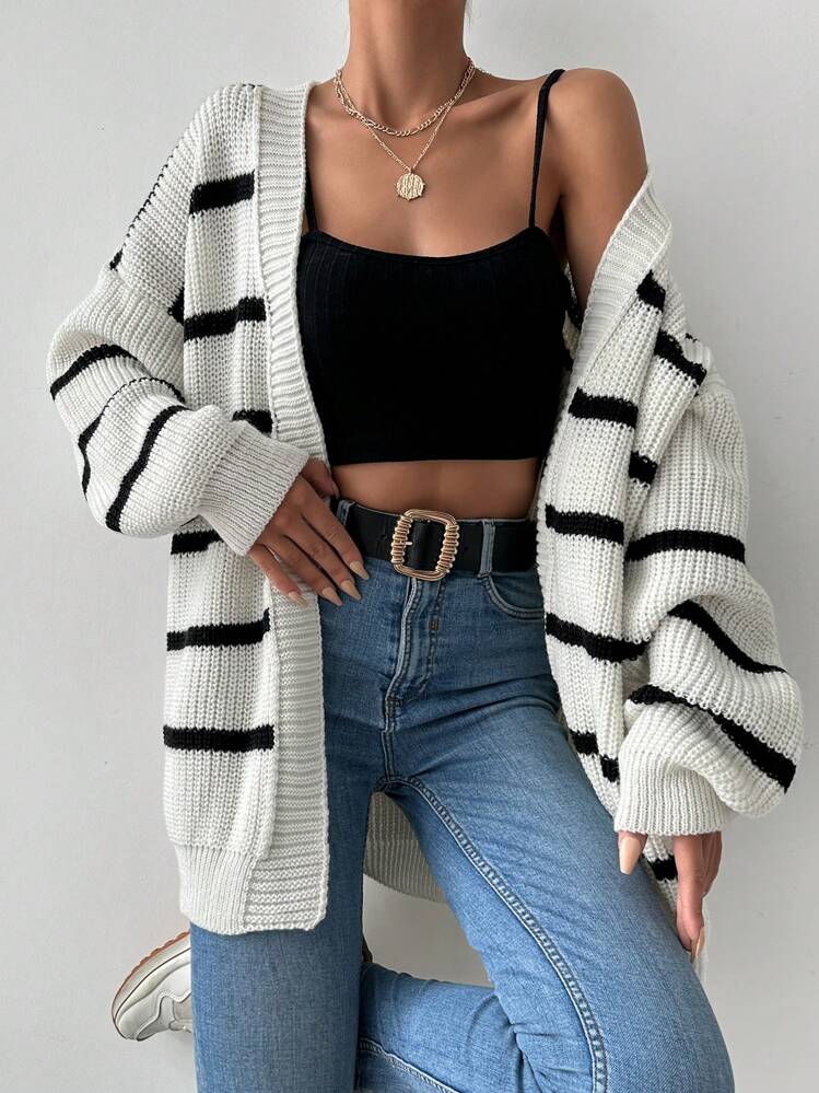 Cloudara Striped Pattern Drop Shoulder Open Front Cardigan - White - View 4