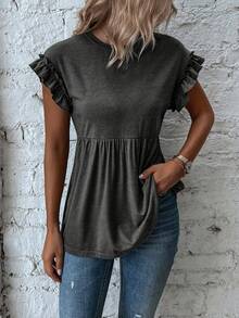 SHEIN LUNE Viền Ruffle tay cánh Xoay eo Áo thun - Màu xám đen - Xem 4