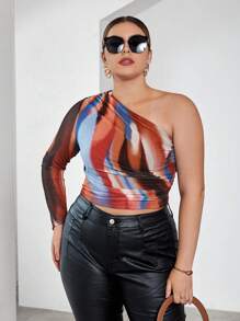 SHEIN Essnce 大碼紮染單肩側收褶短款T恤 - 彩色 - 查看 1