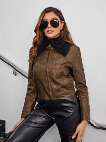 SHEIN EZwear 羊絨領口拉鏈開襟亮面夾克 - 棕色 - 查看 4