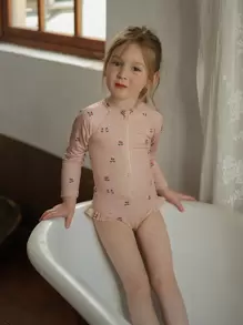 女小童櫻桃圖案前拉鏈褶邊連體泳衣 - 粉色 - 查看 3