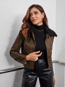 SHEIN EZwear 羊絨領口拉鏈開襟亮面夾克 - 棕色 - 查看 1