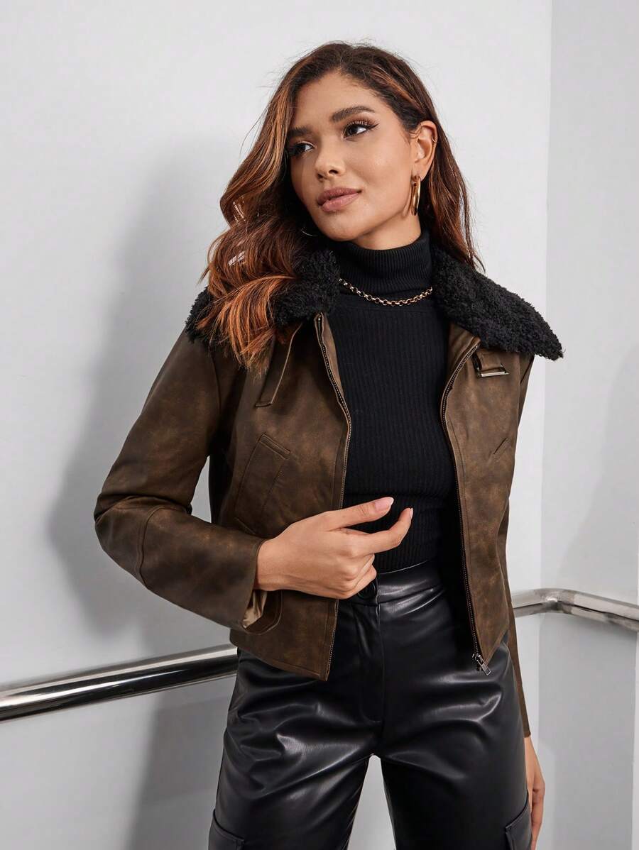 SHEIN EZwear 羊絨領口拉鏈開襟亮面夾克 - 棕色 - 查看 1