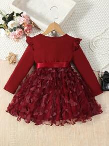 SHEIN Young Girl Appliques Contrast Mesh Ruffle Trim Belted Dress