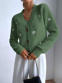 SHEIN Unity Floral Embroidery Drop Shoulder Cardigan & Crop Knit Top - Green - View 5