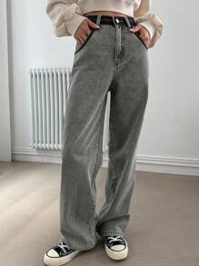 DAZY 撞色側縫直筒牛仔褲 - 淺灰色 - 查看 3