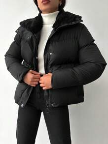 EURMUSE Zip Up Snap Button Puffer Coat - Black - View 4