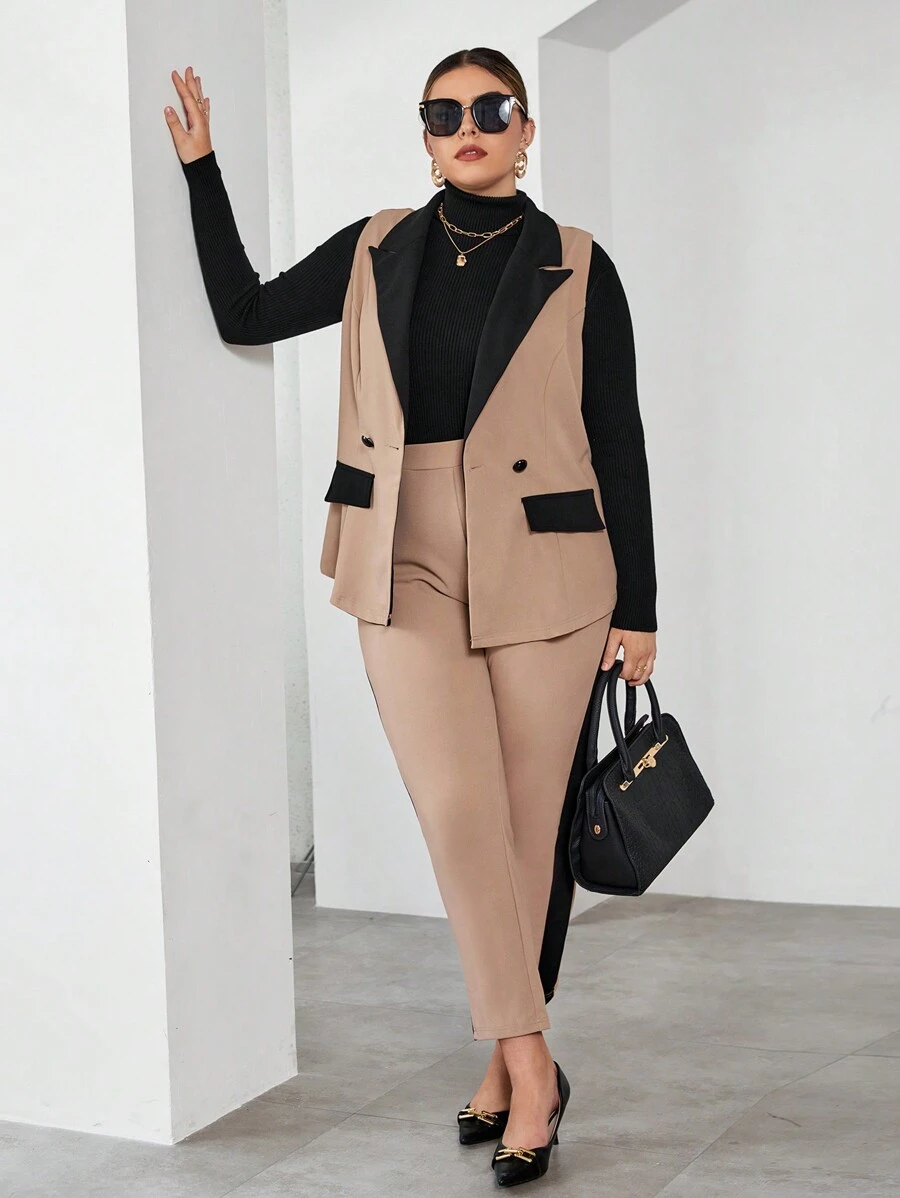 SHEIN Essnce Plus Two Tone Vest Blazer & Pants In Fall/Winter - Khaki - View 1