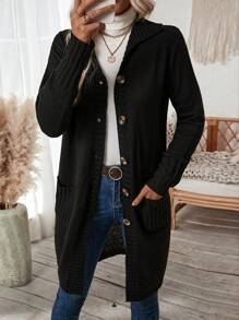 SHEIN LUNE 雙口袋前紐扣開襟衫 - 黑色 - 查看 6