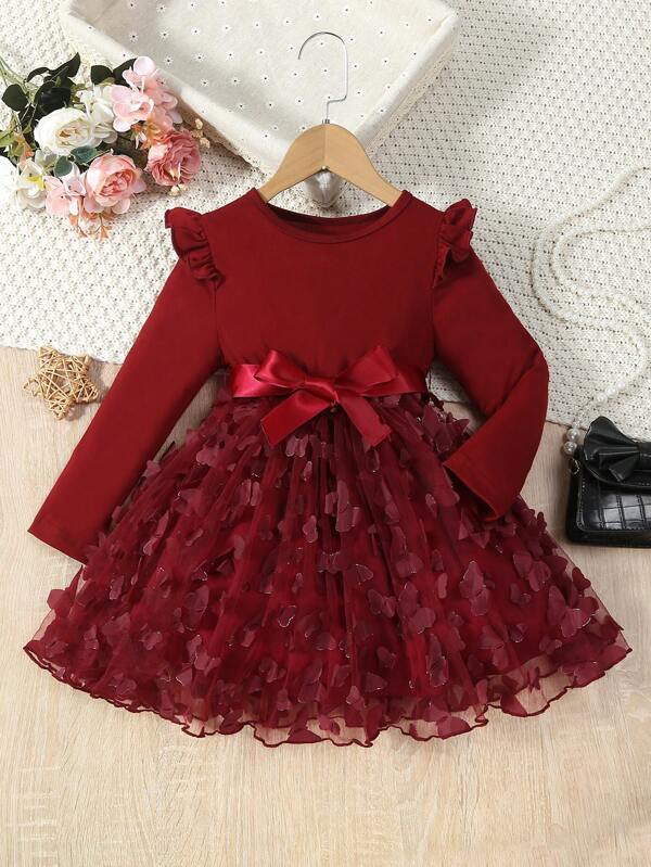 Young Girl Appliques Contrast Mesh Ruffle Trim Belted Dress