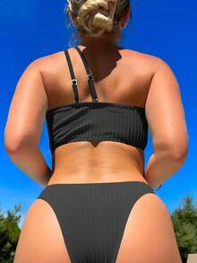 素色鏤空比基尼泳裝 - 黑色 - 查看 2