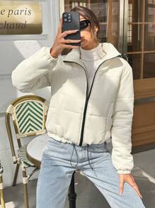 SHEIN Essnce 冬季拉链夹棉大衣 - 米色 - 查看 5