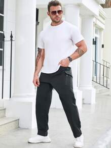 Manfinity Homme 男士加大口袋側邊裝載褲，笔直長款純黑色外出尺寸 - 黑色 - 查看 4