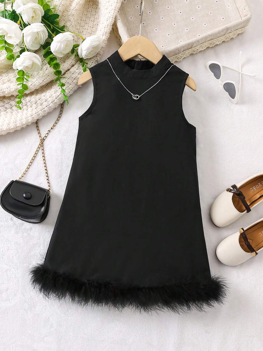 SHEIN Young Girl Fuzzy Trim Tank Dress - Black - View 1