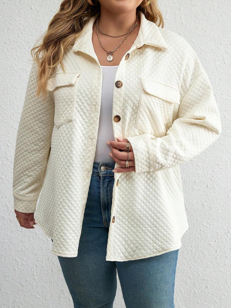 SHEIN LUNE 大碼翻蓋口袋前紐扣外套 - 杏色 - 查看 1