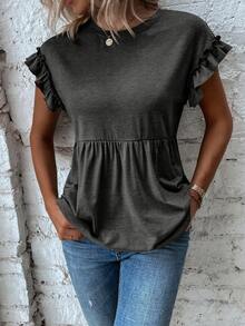 SHEIN LUNE Viền Ruffle tay cánh Xoay eo Áo thun - Màu xám đen - Xem 6