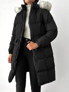 EURMUSE Zip Up Fuzzy Trim Hooded Puffer Coat - Black - View 5