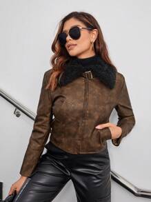 SHEIN EZwear 羊絨領口拉鏈開襟亮面夾克 - 棕色 - 查看 6