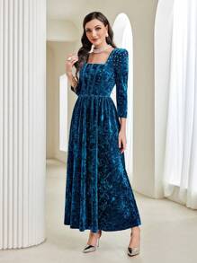 Modelyn Square Neck Velvet A-Line Modest Long Sleeve Dress Long Evening Dresses - Teal Blue - View 3