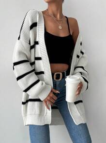 Cloudara Striped Pattern Drop Shoulder Open Front Cardigan - White - View 5