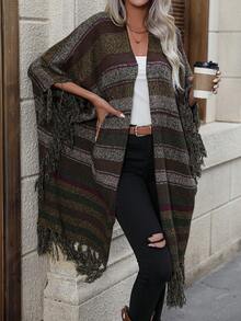 SHEIN LUNE 條紋圖案流蘇邊蝙蝠袖開襟開衫 - 彩色 - 查看 3