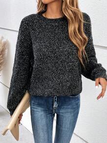 SHEIN LUNE Marled Knit Drop Shoulder Sweater - Black - View 5