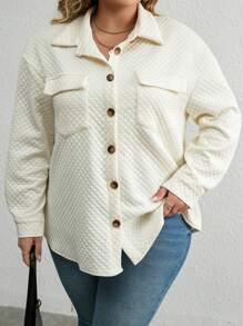 SHEIN LUNE 大碼翻蓋口袋前紐扣外套 - 杏色 - 查看 6