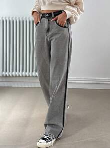 DAZY 撞色側縫直筒牛仔褲 - 淺灰色 - 查看 1