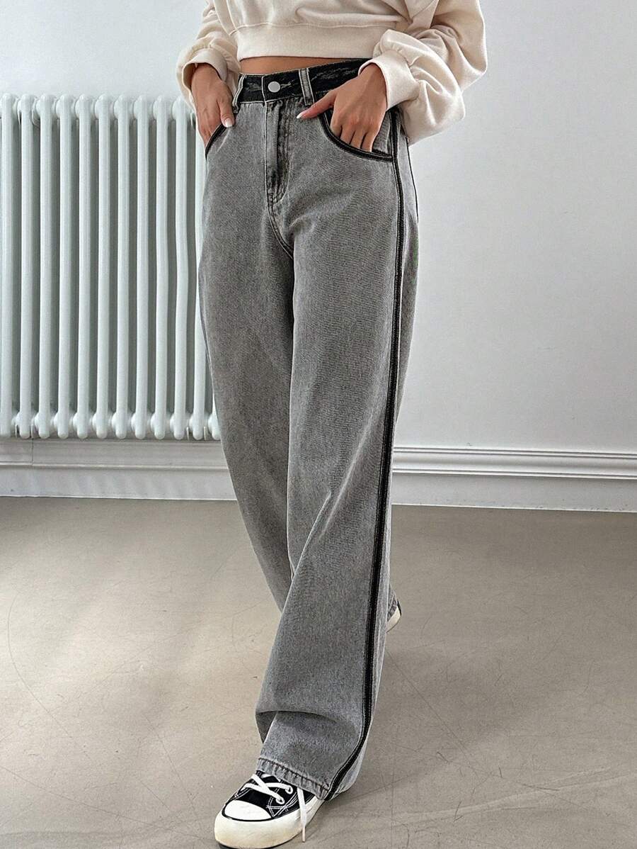 DAZY 撞色側縫直筒牛仔褲 - 淺灰色 - 查看 1